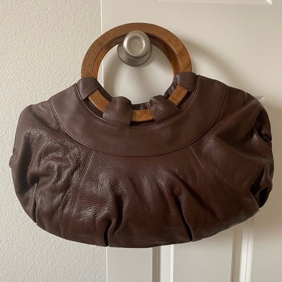 BaBee D Leather Whimsical Mushroom Embroidered Hand Bag Hobo with Wood Handles - Picture 3 of 8